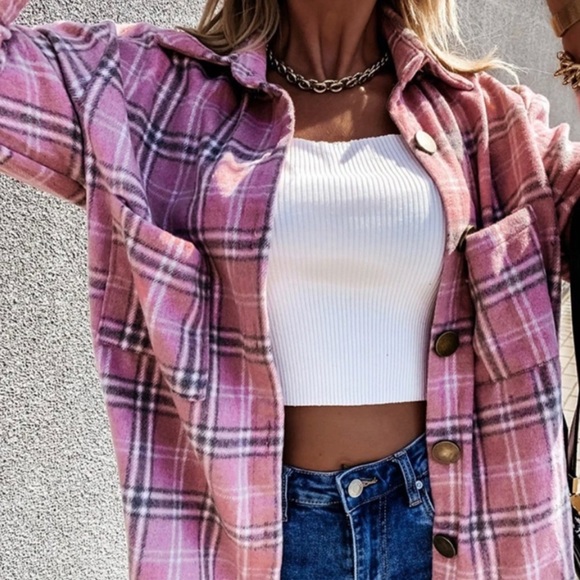 New Plaid Stripe Oversized Flannel Top Shacket - Picture 2 of 4